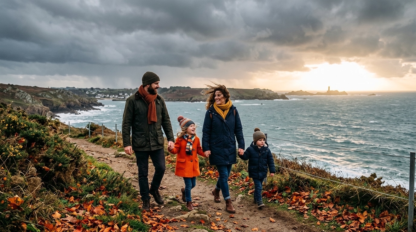 Famille en manteaux sur un sentier breton sous la pluie