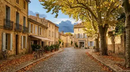 Rue ensoleillée en automne sous un ciel menaçant