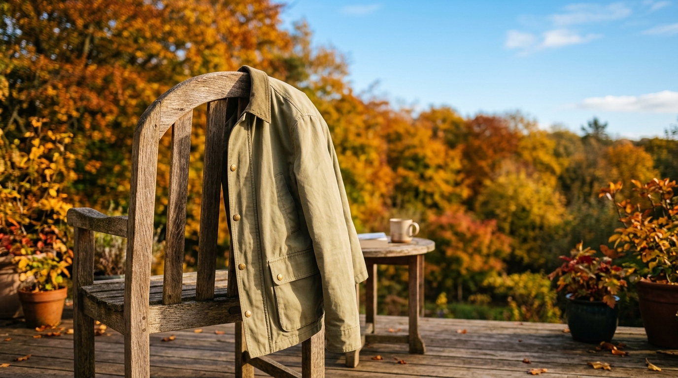 Veste légère posée sur une chaise de terrasse ensoleillée