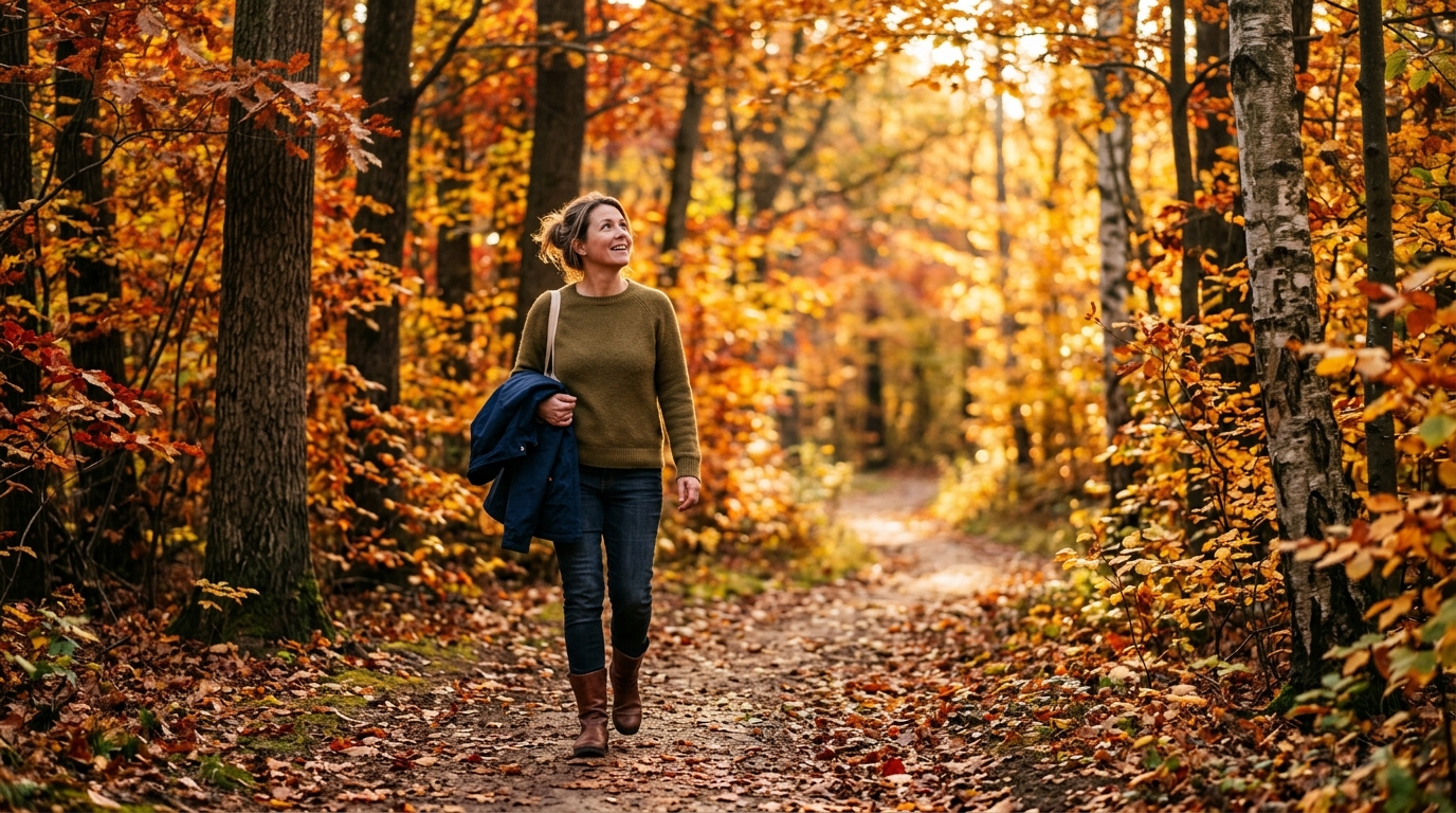 Promeneur veste sur le bras dans un sentier forestier d'automne