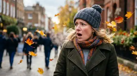 Passant emmitouflé surpris par le froid soudain en automne