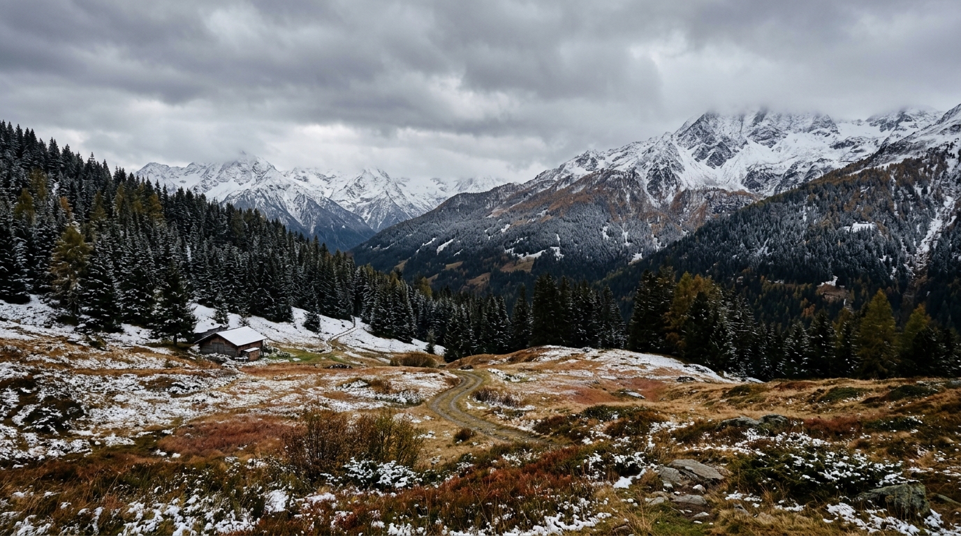 Premiers flocons sur une prairie de montagne alpine