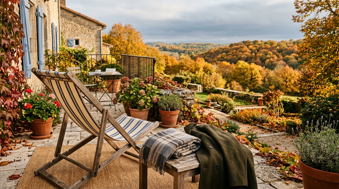 Terrasse ensoleillée d'automne avec manteau et écharpe posés