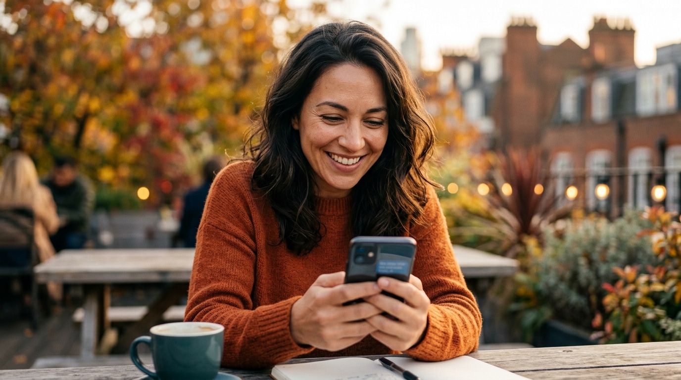 Femme souriante soulagée lisant un message en automne