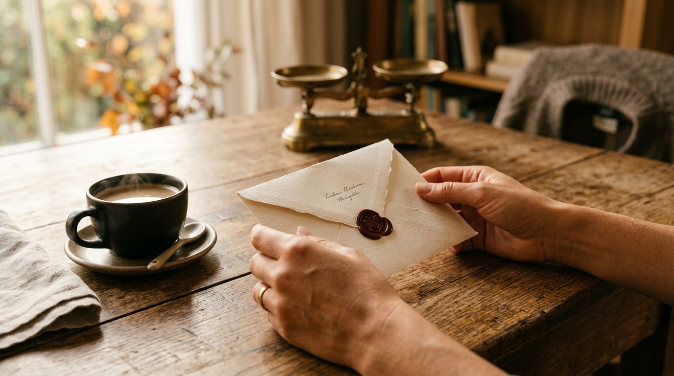 Mains tenant une enveloppe près d'une tasse de café