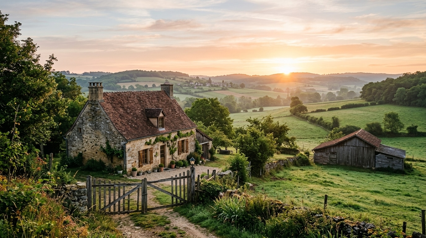 Ferme française dans la campagne au lever du soleil, univers de L'amour est dans le pré