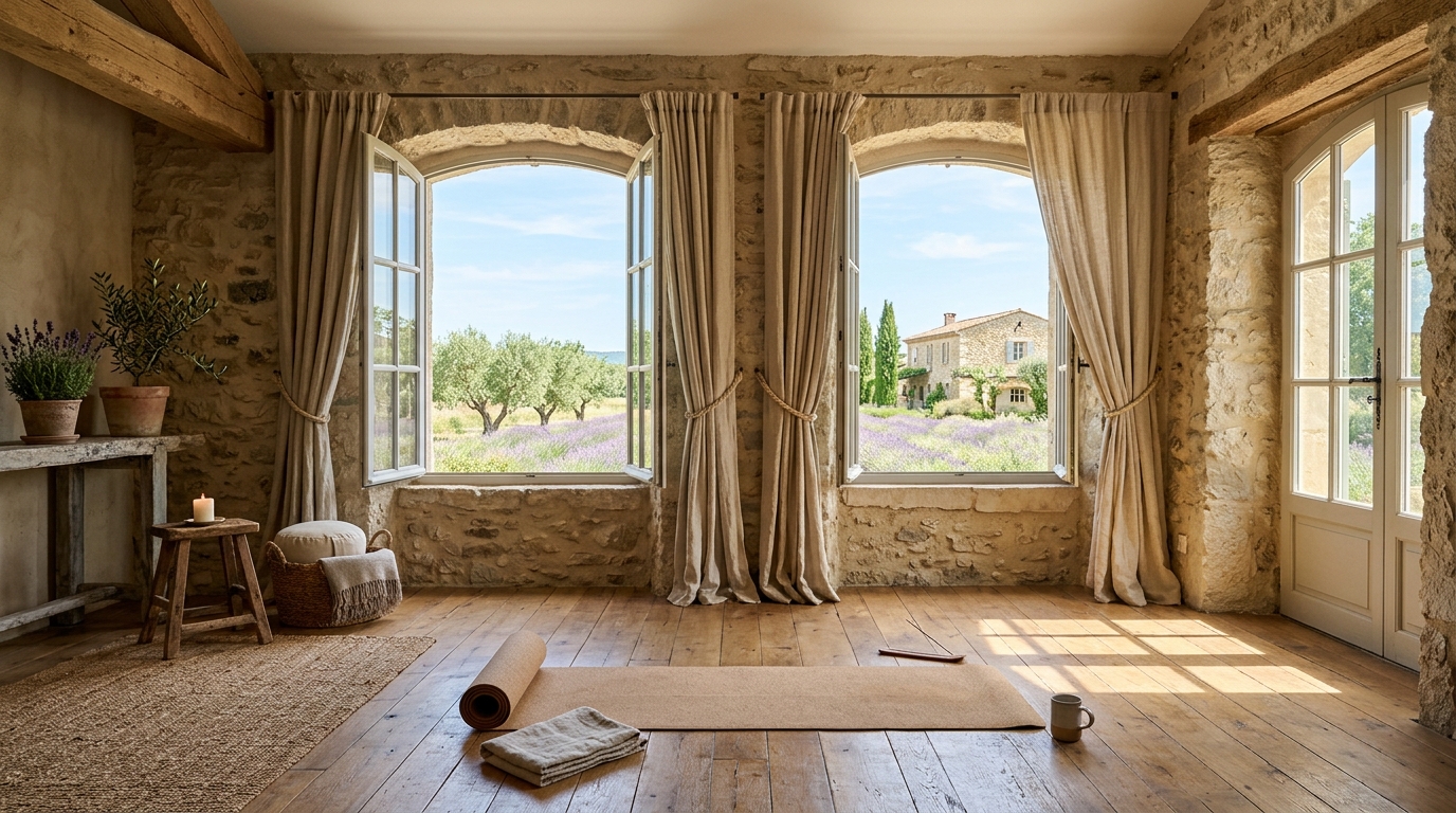 Salle de yoga lumineuse d'un domaine en pierre provençal
