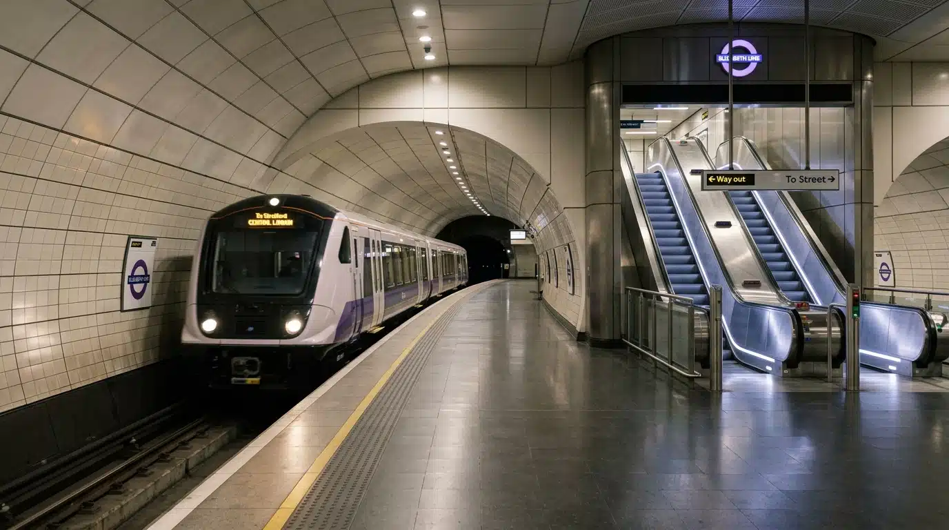Rame moderne entrant sur un quai de métro londonien
