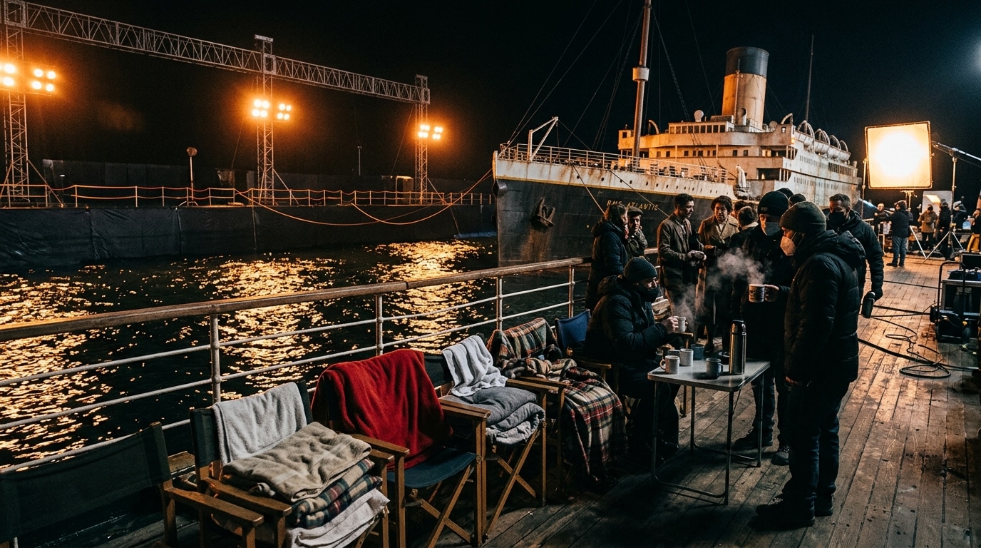 Plateau de tournage avec grand bassin d'eau et réplique de paquebot