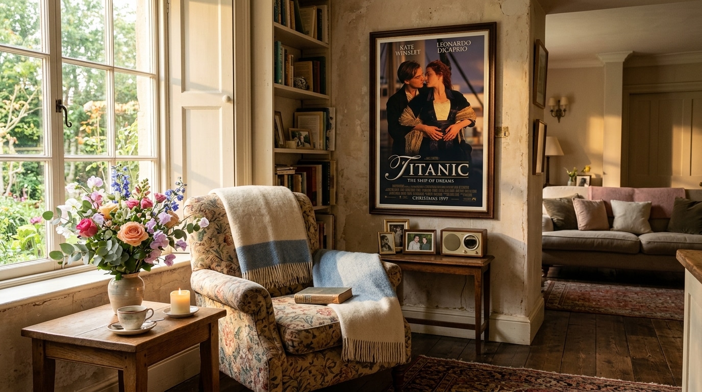 Salon chaleureux avec l'affiche d'un film romantique sur un navire