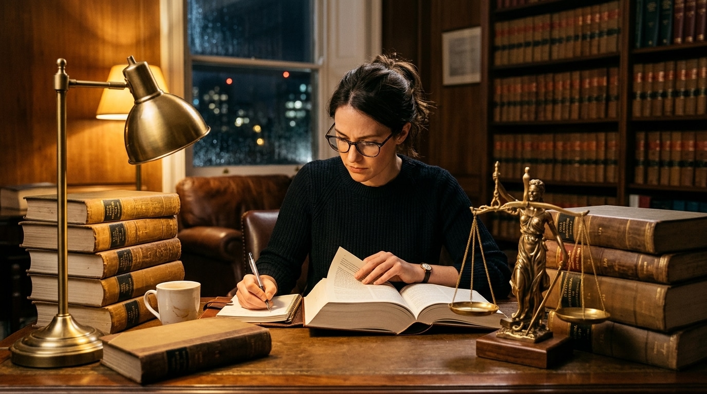 Femme étudiant le droit près d'une balance de justice dorée