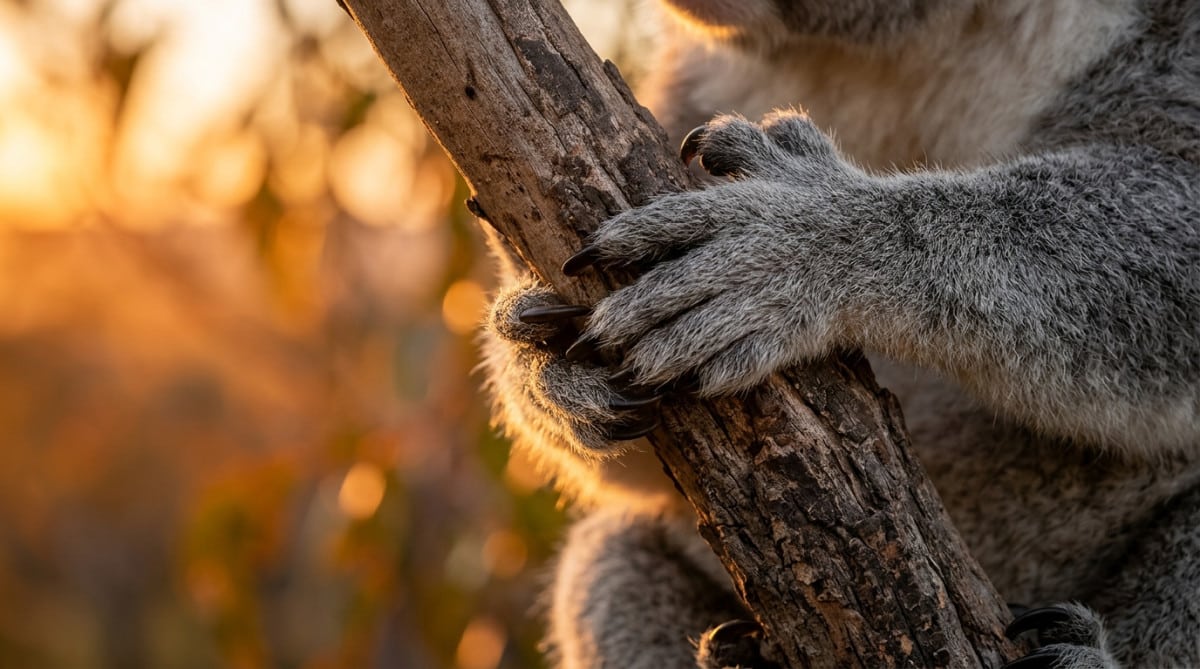 Koala accroché à une branche d'eucalyptus, patte en gros plan