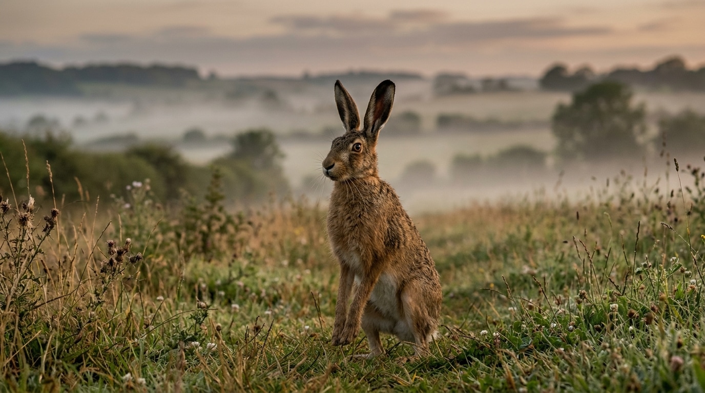 Lièvre aux oreilles à pointe noire dans une prairie