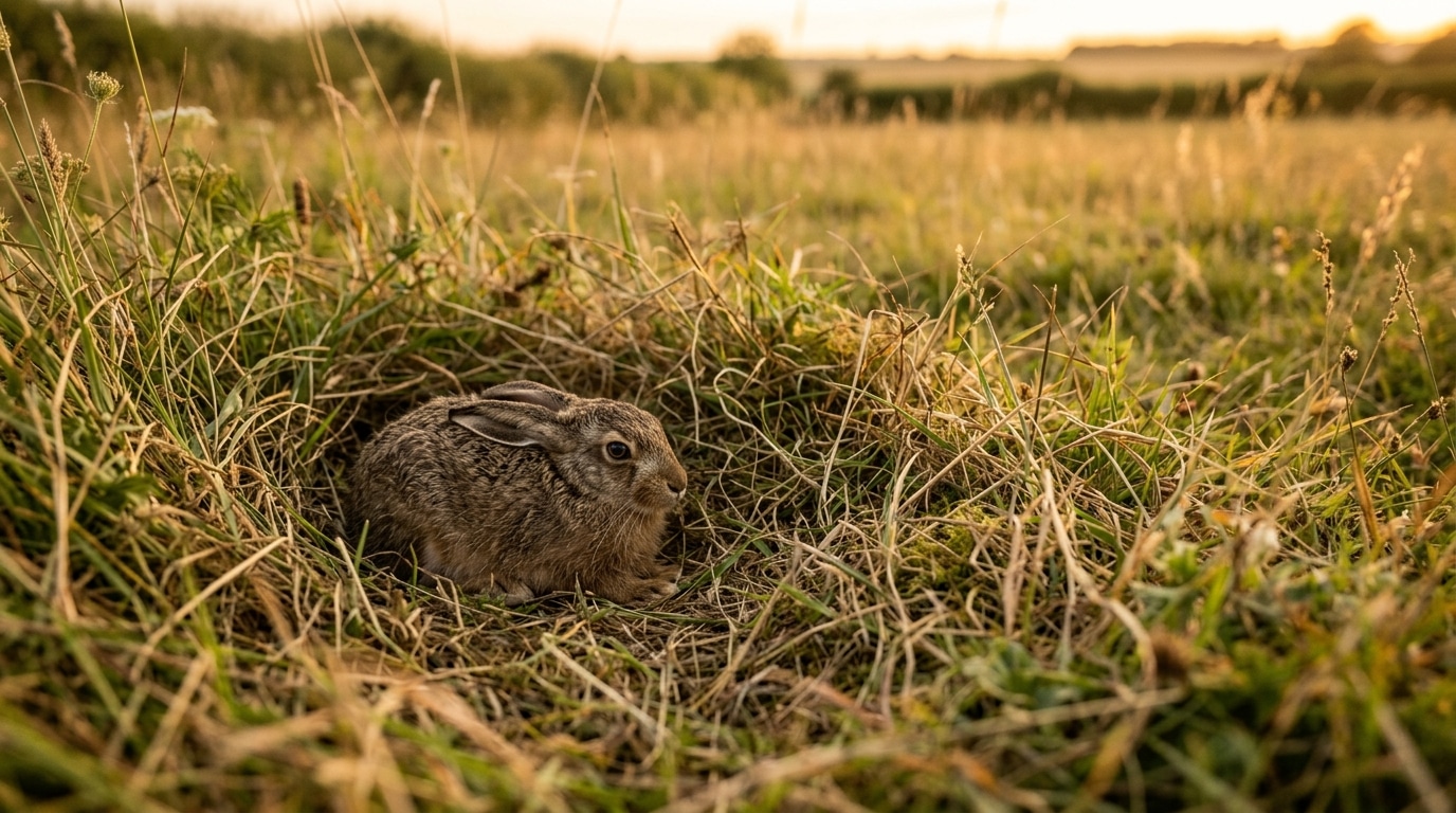 Levraut tapi dans une dépression de l'herbe