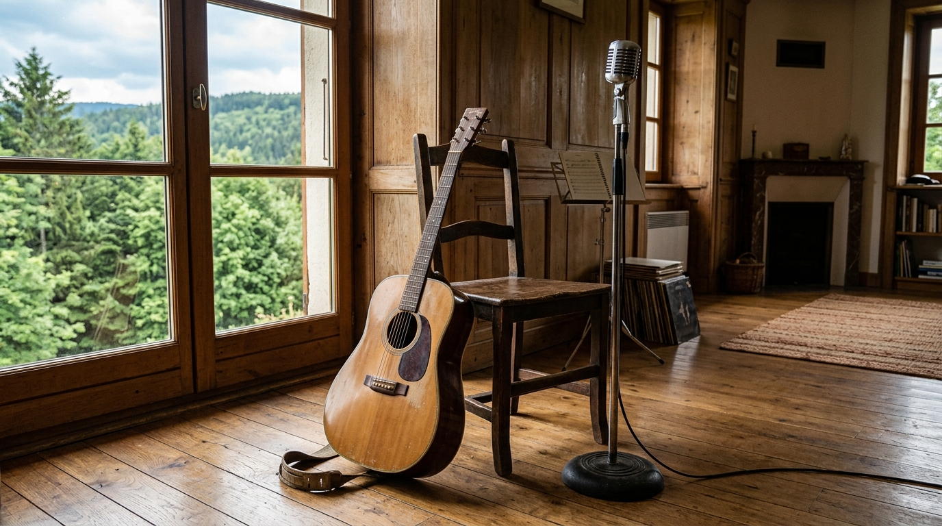 Guitare posée contre une chaise près d'un micro