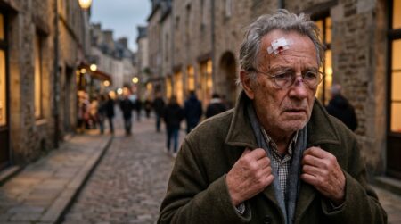 Homme âgé au visage marqué, pansement au front