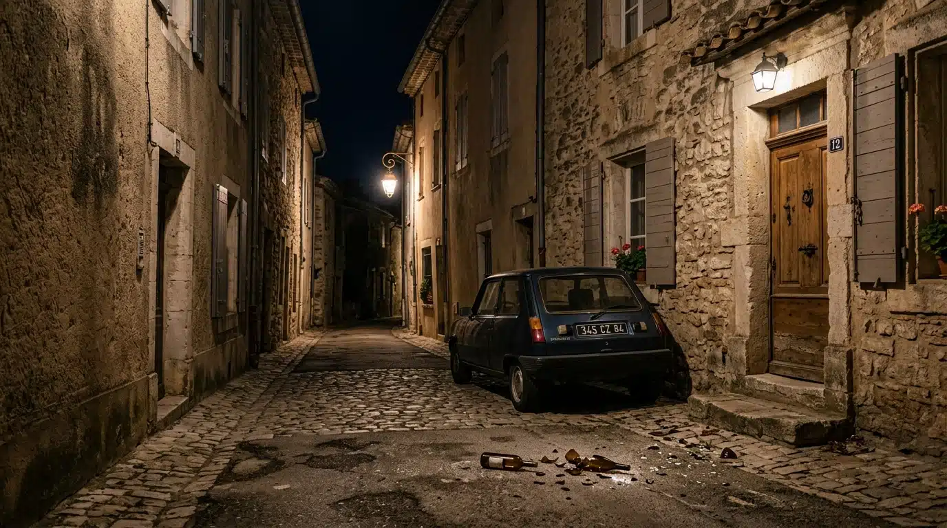 Rue de nuit dans une ville ancienne, voiture garée