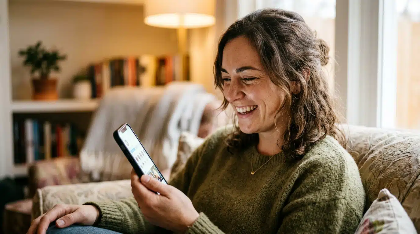 Personne amusée et incrédule devant son téléphone