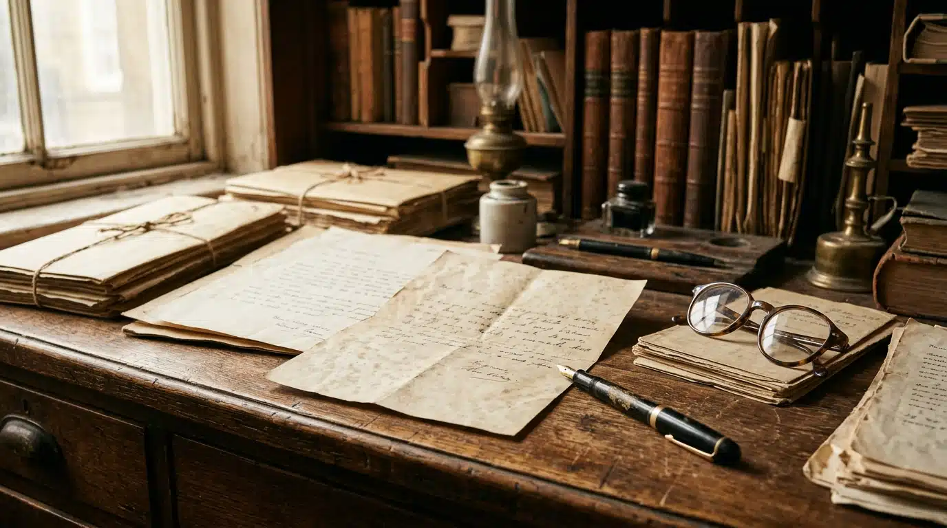 Bureau ancien avec lettres d'archives et stylo plume