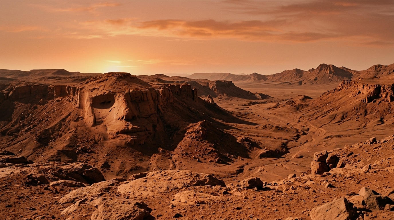 Plateau rocheux martien aux ombres évoquant un visage