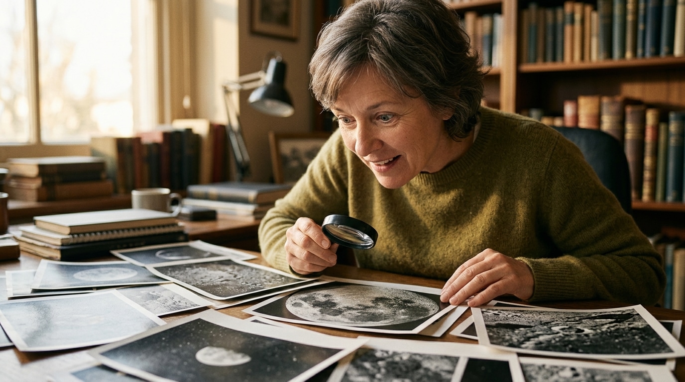 Personne fascinée devant des photographies granuleuses de planète