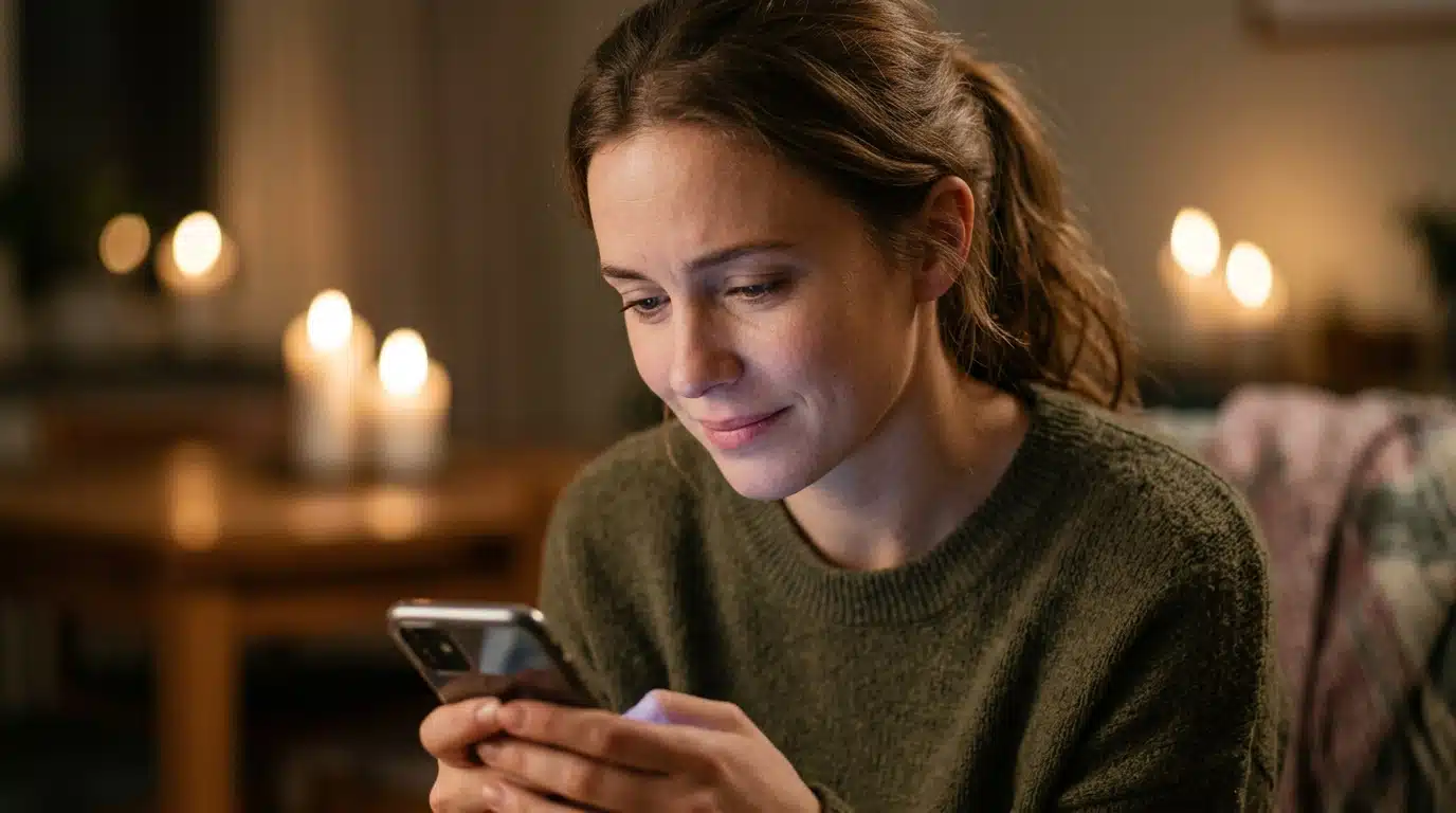 Jeune adulte ému regardant son téléphone à la lueur d'une bougie