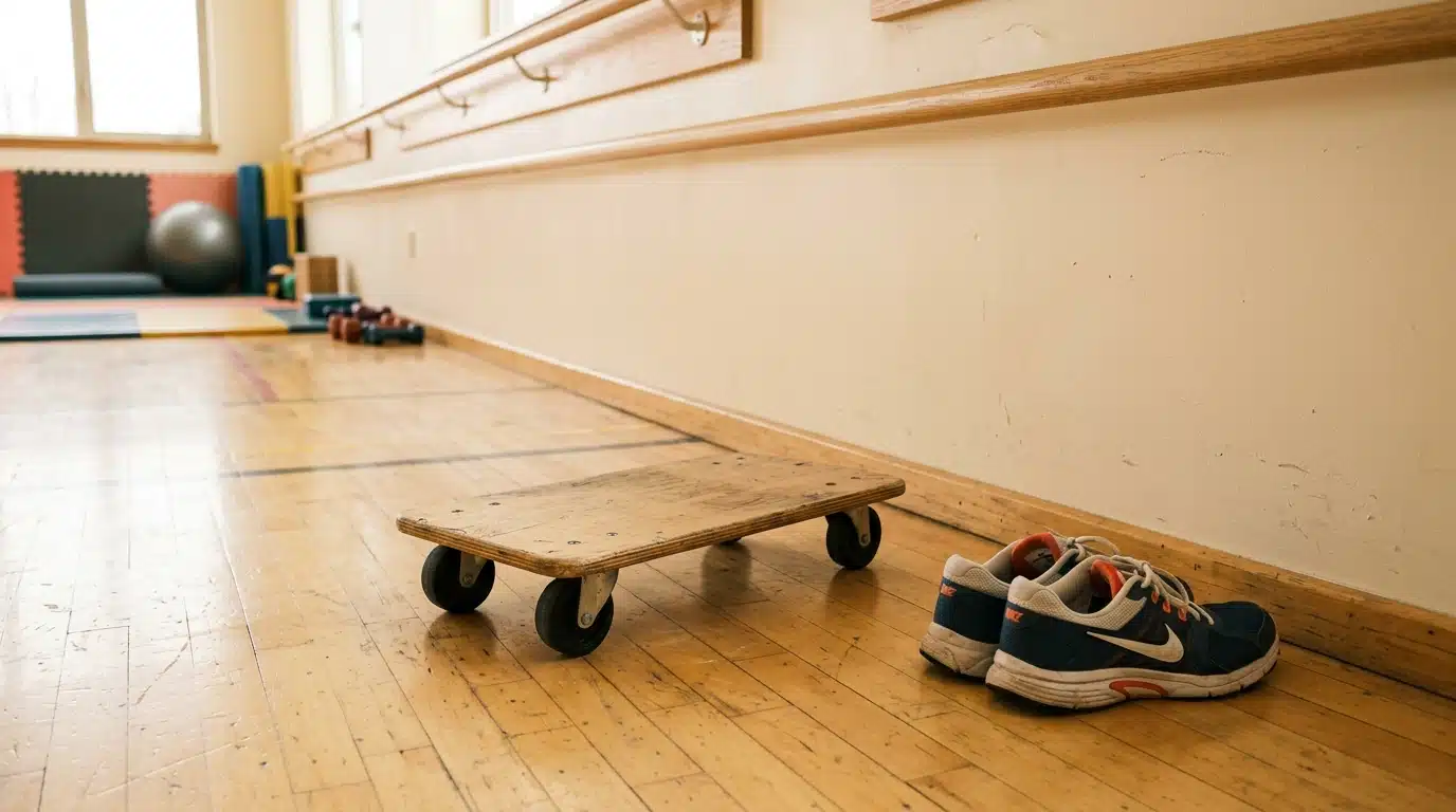 Planche à roulettes en bois et baskets dans une salle de rééducation