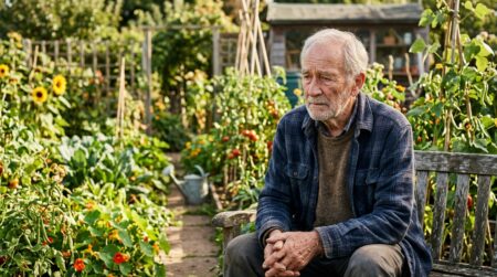 Octogénaire pensif assis dans son potager ensoleillé