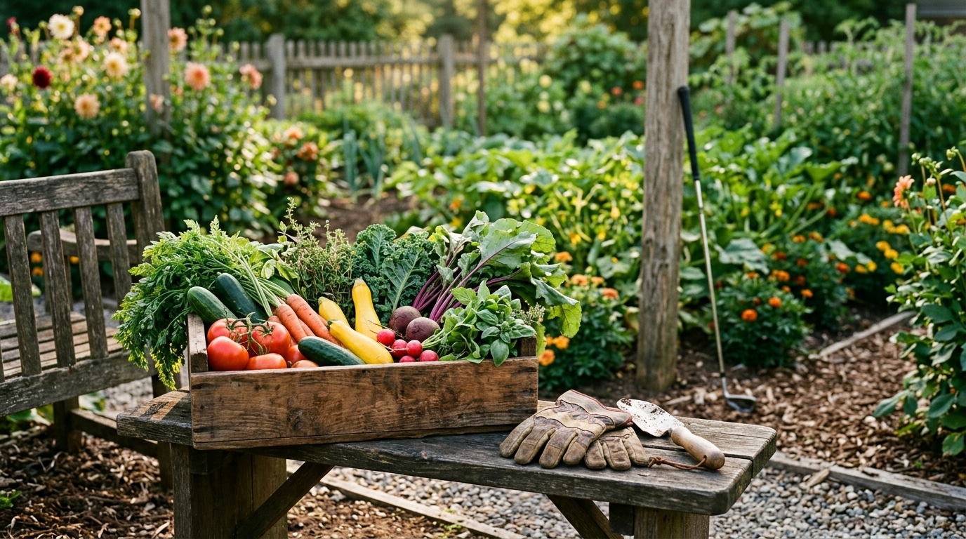 Cageot de légumes et gants de jardinage sur un banc