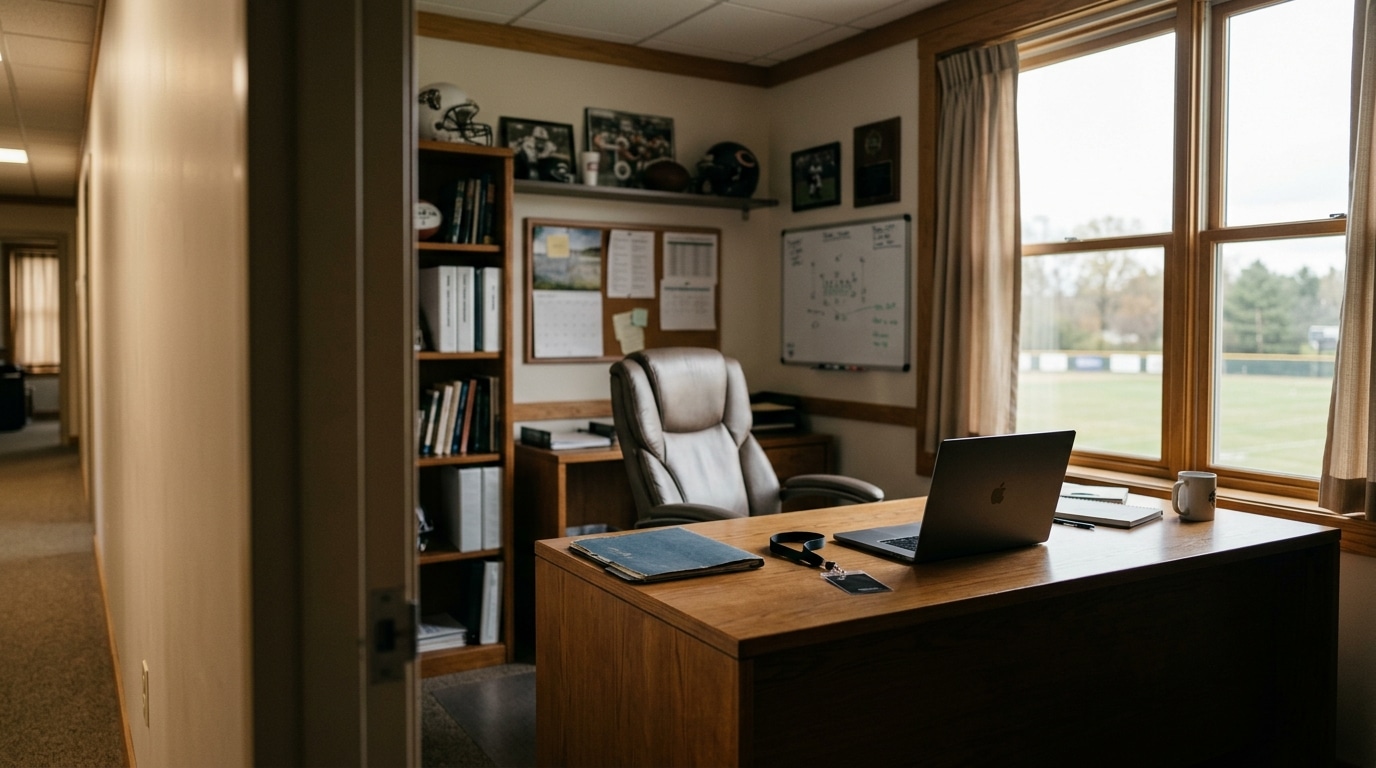 Bureau vide avec dossier et badge posés sur la table