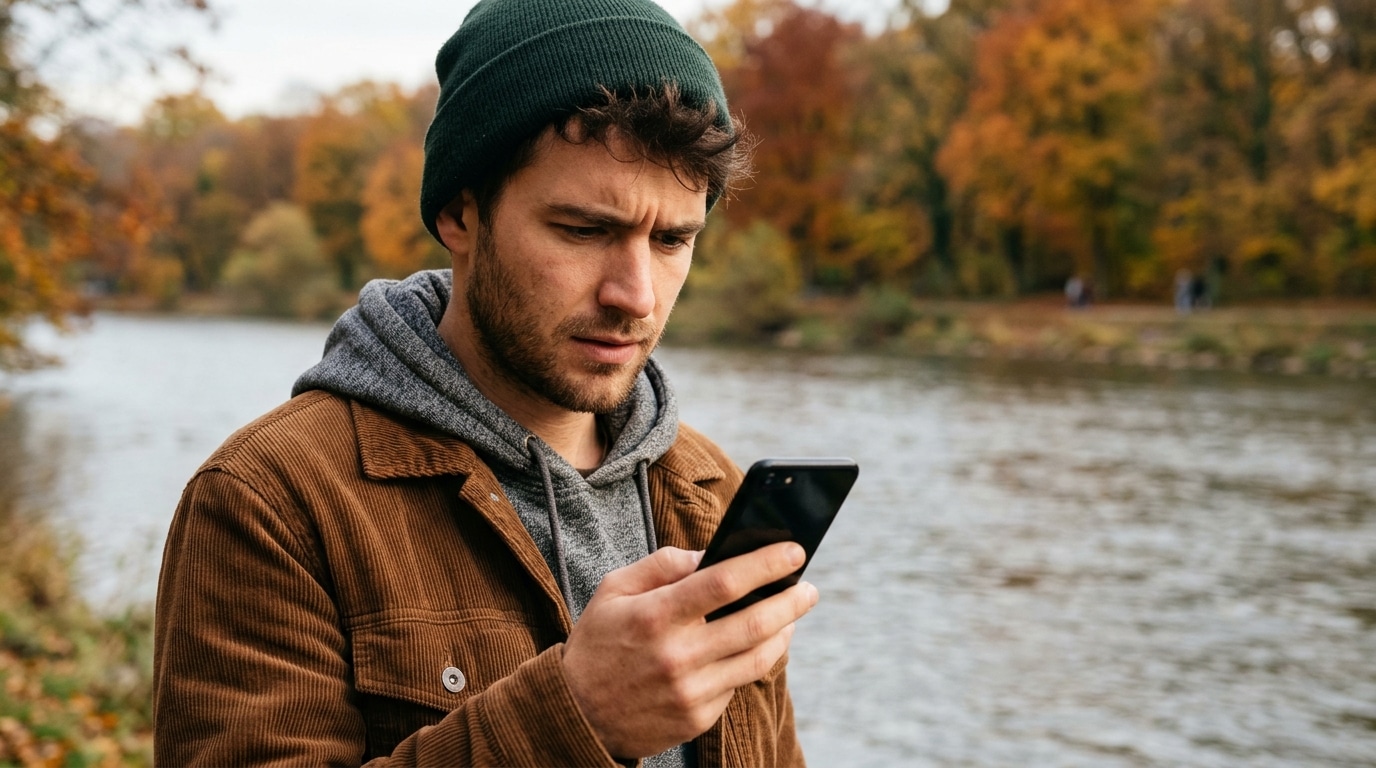 Passant inquiet regardant un smartphone au bord d'une rivière