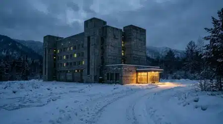 Bâtiment de recherche austère sous la neige en Sibérie