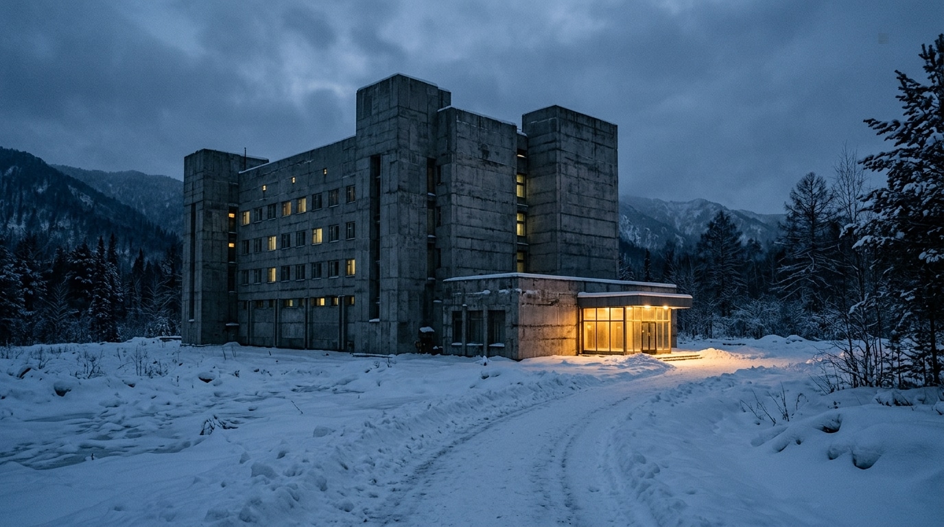 Bâtiment de recherche austère sous la neige en Sibérie