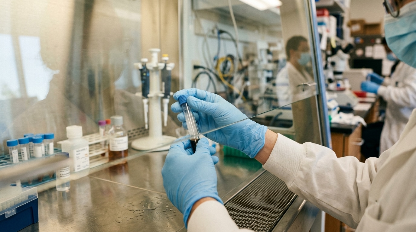 Mains gantées tenant un tube d'échantillon en laboratoire sécurisé