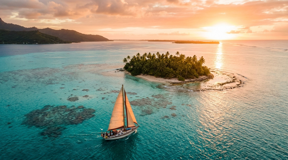 Lagon de Polynésie française au coucher du soleil