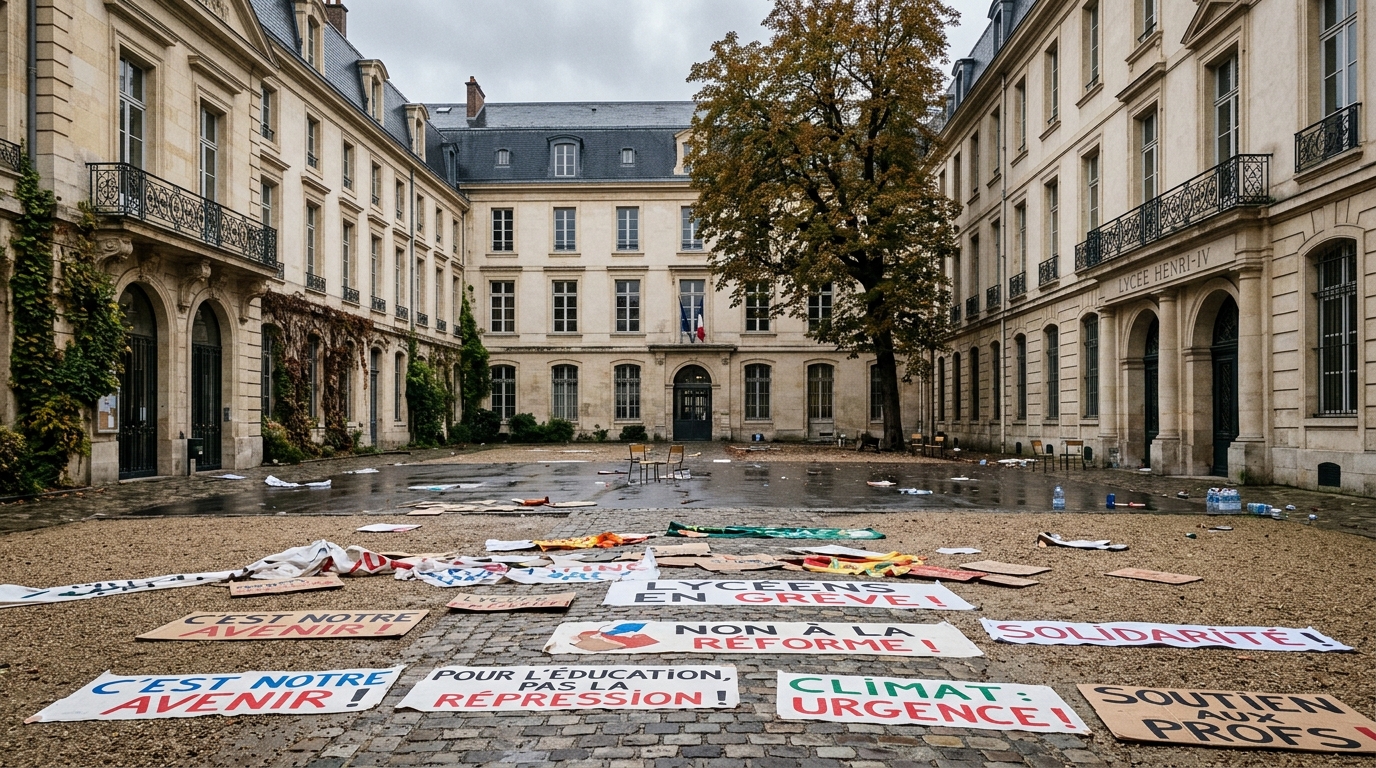 Cour de lycée parisien vide avec des pancartes de manifestation au sol