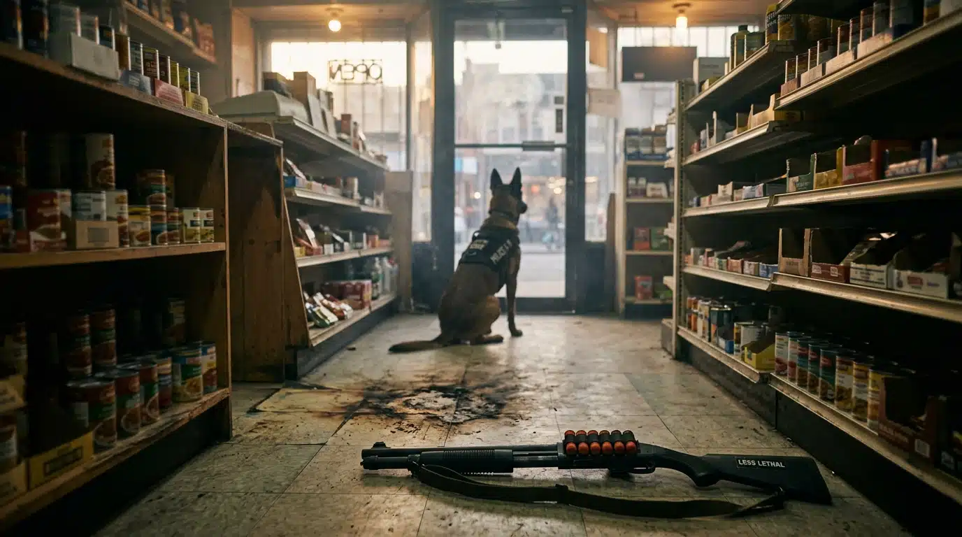 Boutique enfumée, sol noirci et chien policier à l'entrée