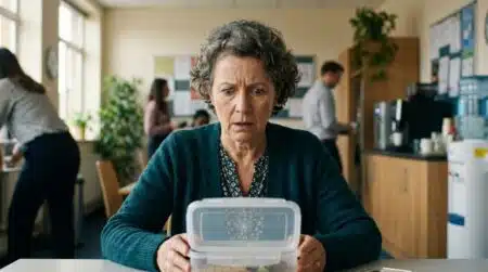 Femme stupéfaite devant sa gamelle dans une salle de pause
