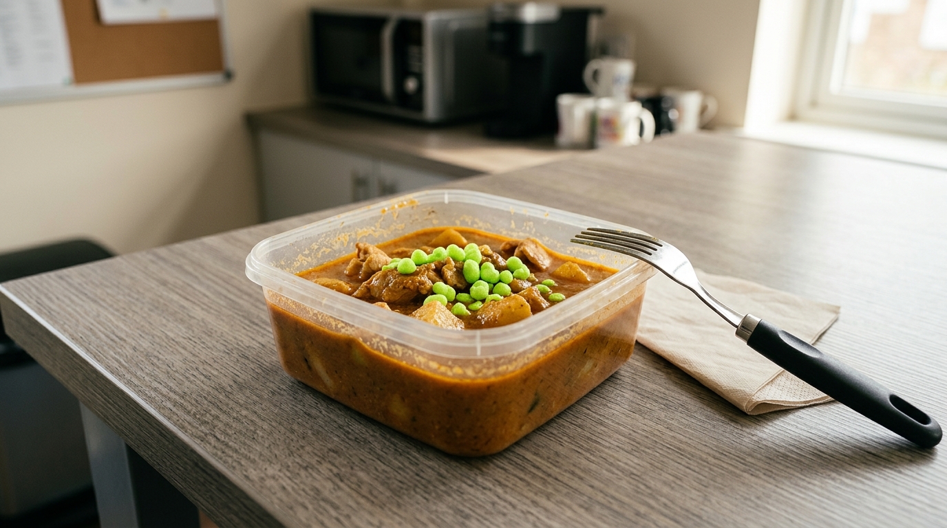 Gamelle de curry parsemée de granulés vert vif