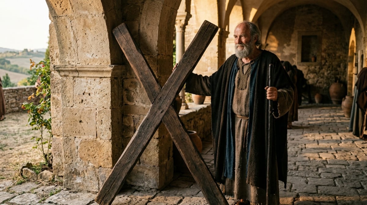 L'apôtre André près d'une croix en forme de X