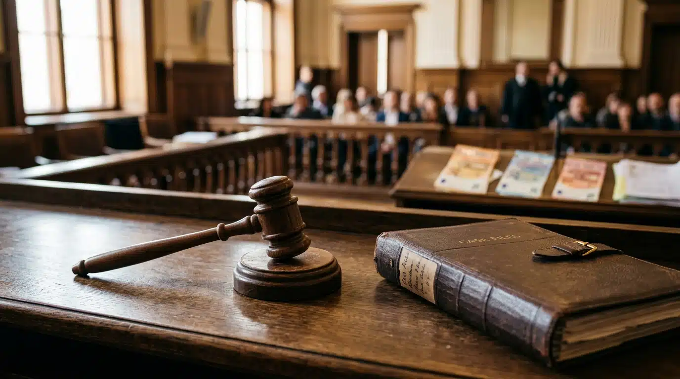 Marteau de juge et dossier fermé sur un pupitre