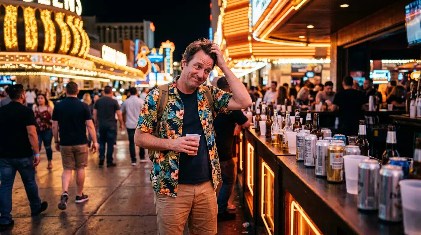 Touriste penaud sur le Strip de Las Vegas la nuit