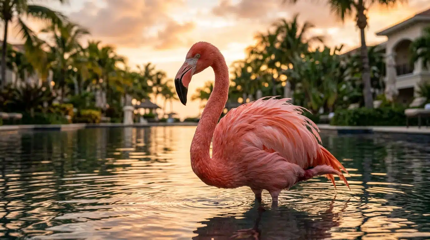Flamant rose dans son bassin au coucher du soleil