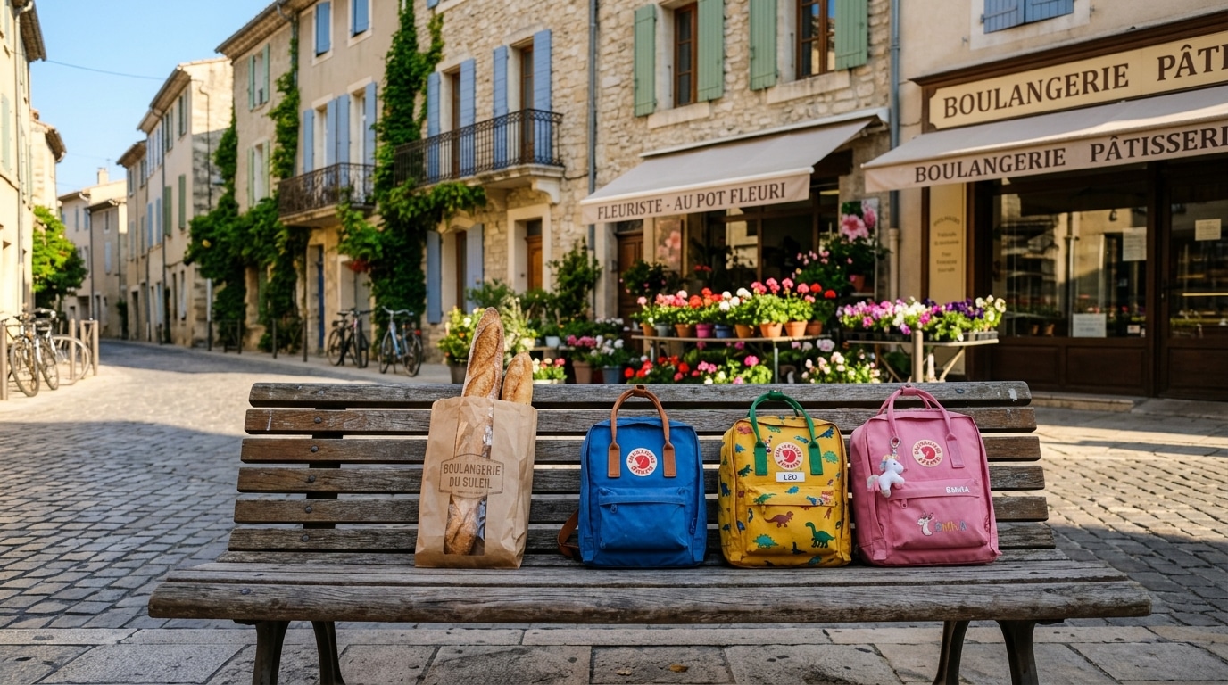 Rue ensoleillée avec baguette et cartables d'écolier, symbole du quotidien de maman