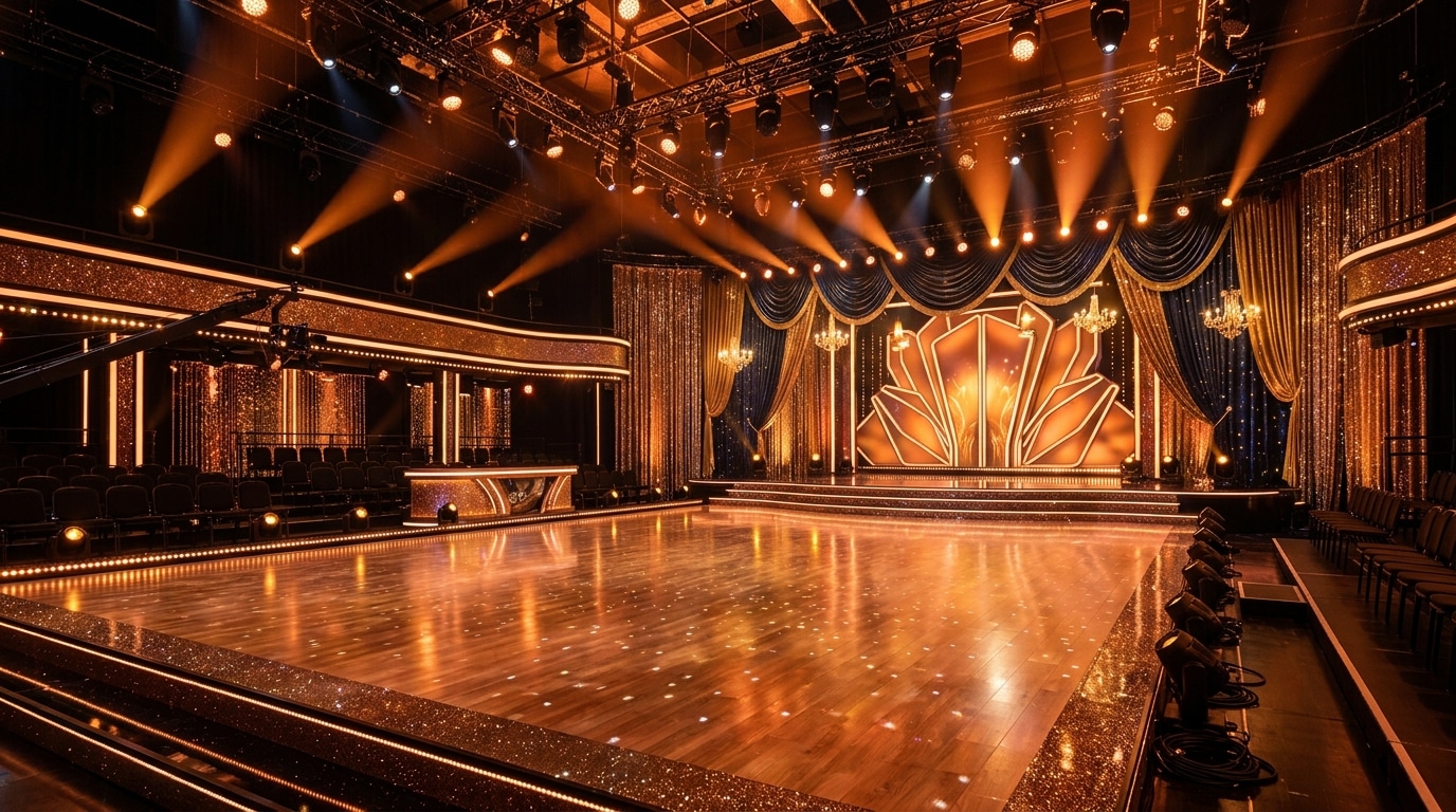 Plateau télé lumineux avec piste de danse scintillante et projecteurs