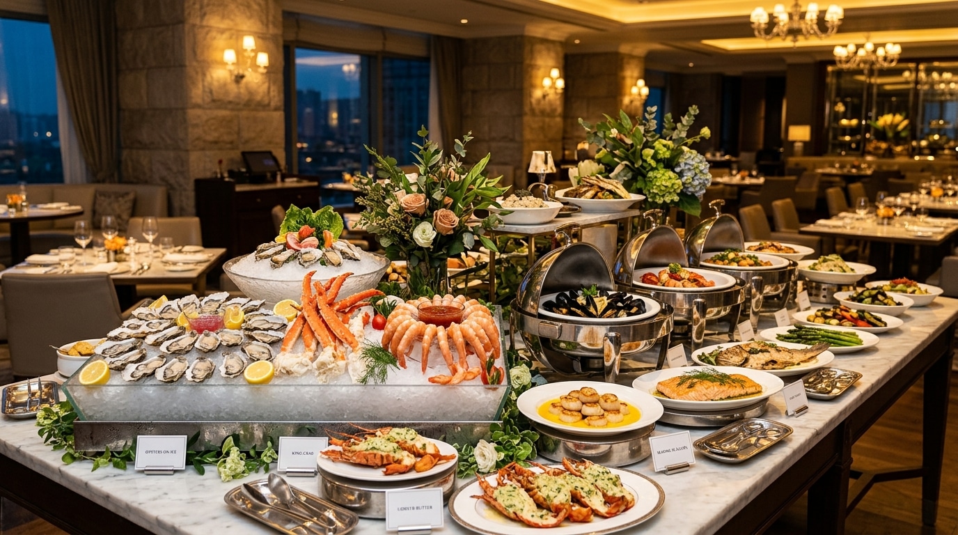Buffet d'hôtel de luxe avec fruits de mer et plats raffinés