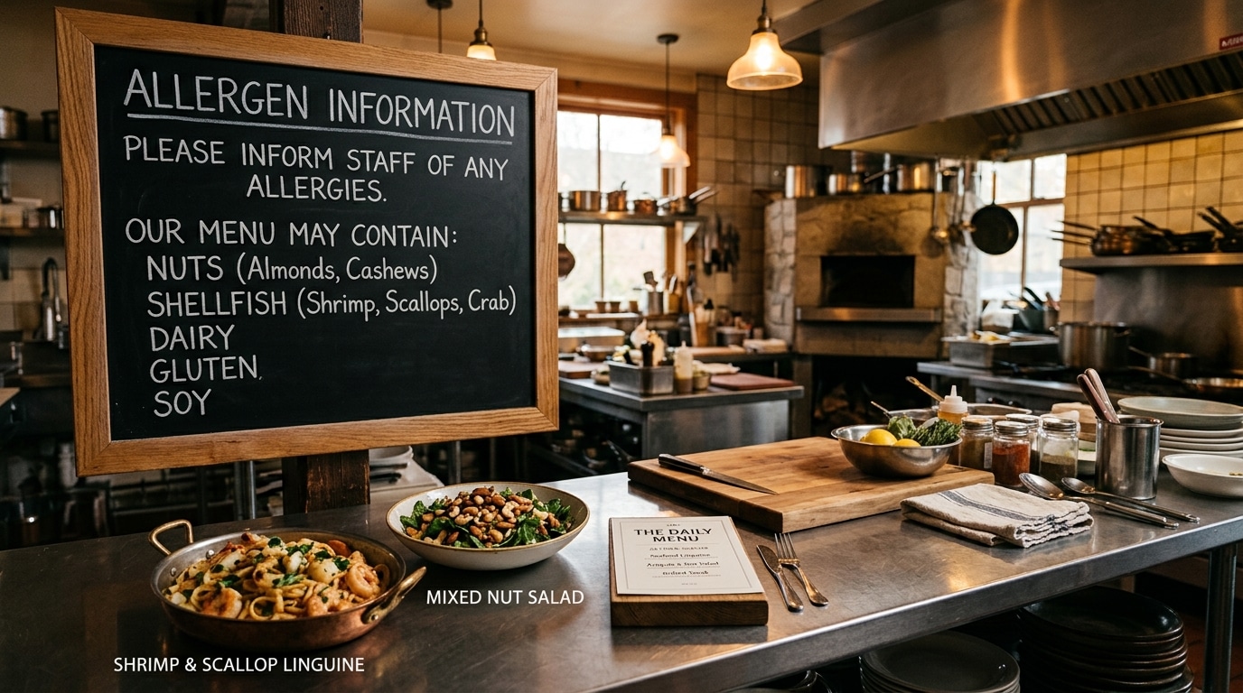 Tableau des allergènes en cuisine de restaurant avec plats aux fruits à coque et crustacés
