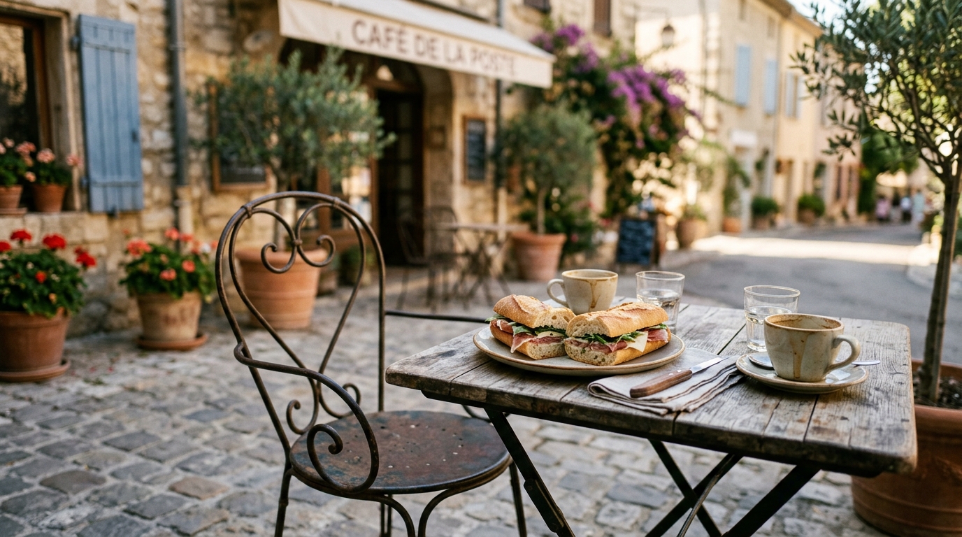 Table de café vide avec sandwich partagé et deux tasses