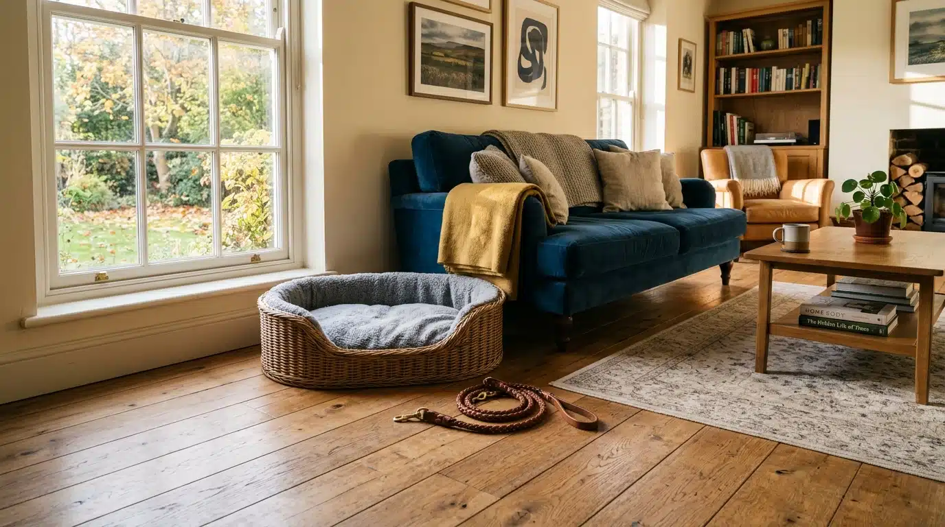 Un intérieur chaleureux avec un panier et une laisse de chien, évoquant la passion de l'animateur pour ses compagnons à quatre pattes