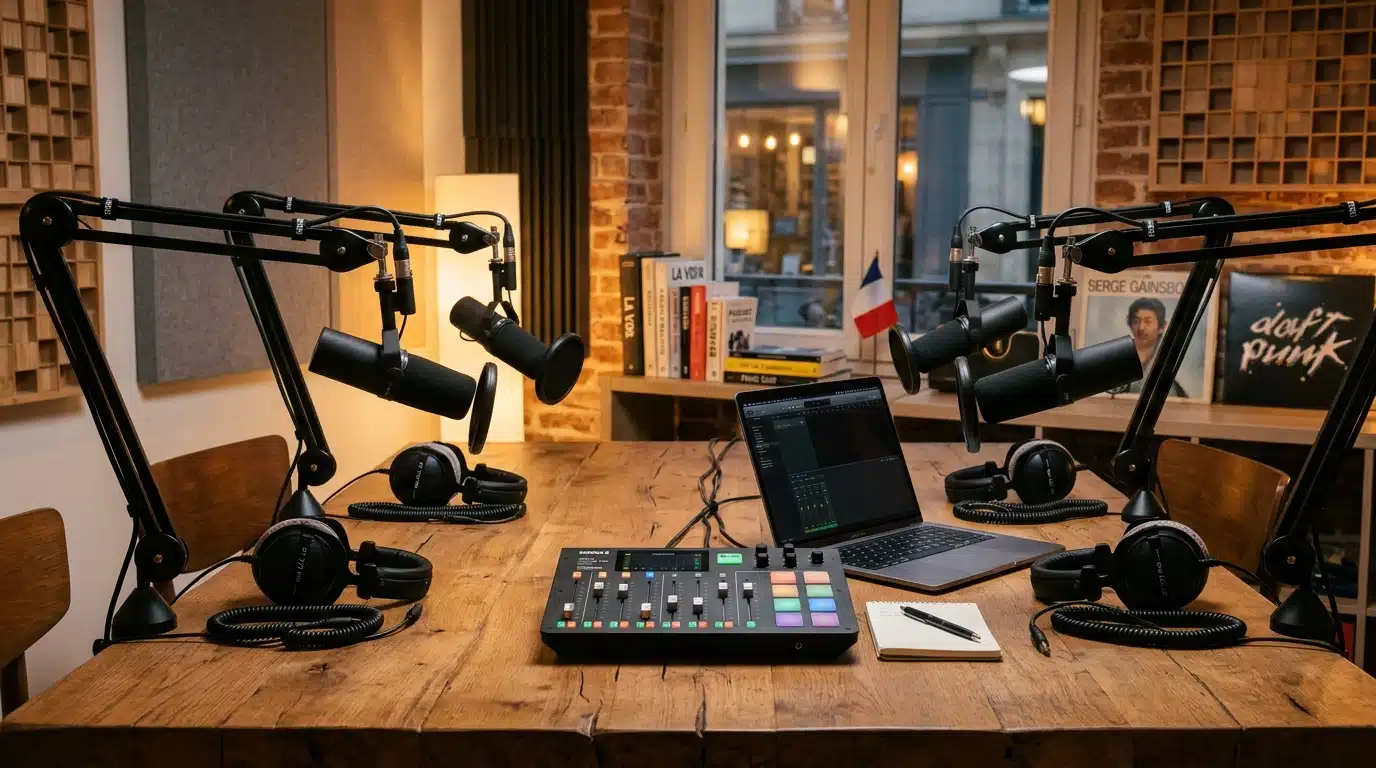 Un studio d'enregistrement de podcast avec micros et casques, lieu de la confidence inattendue